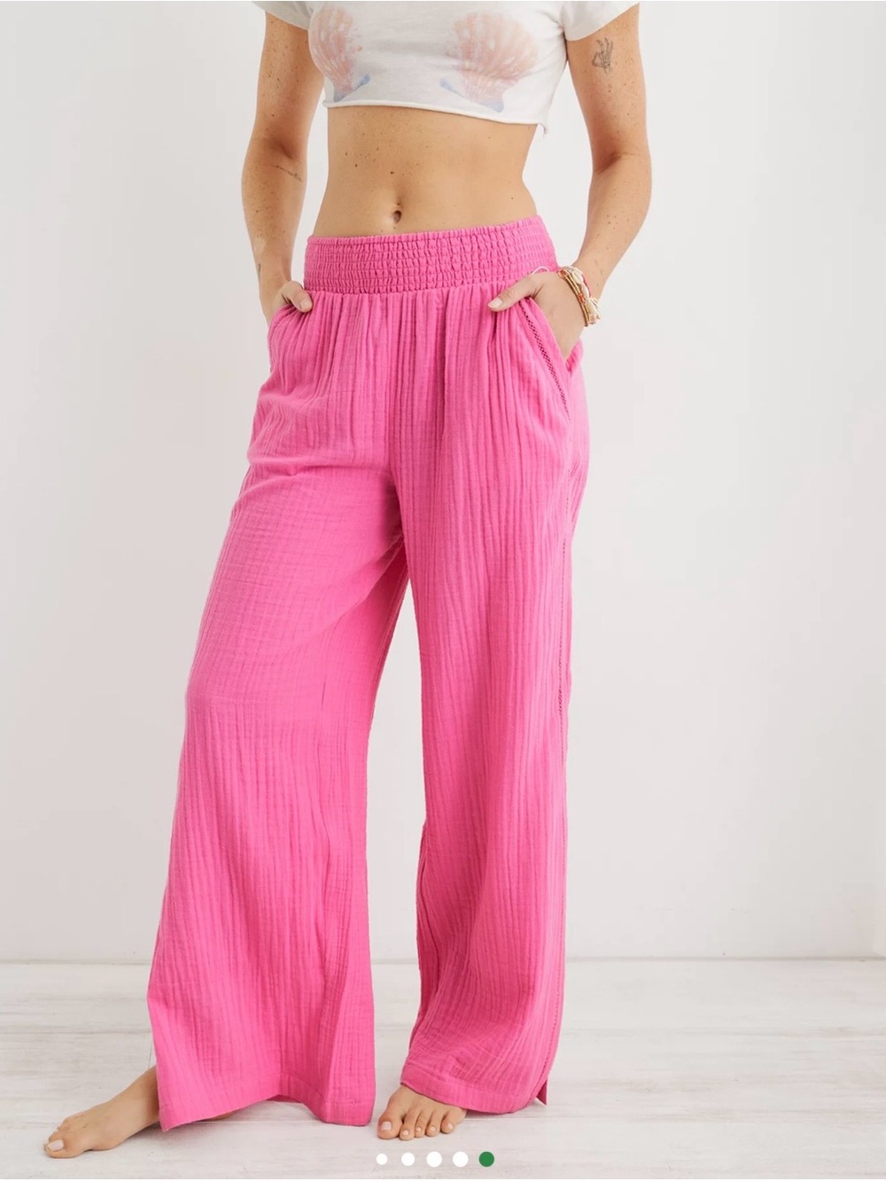 Aerie Wide-Leg Pink Cotton Gauze Pants with Elastic Waist